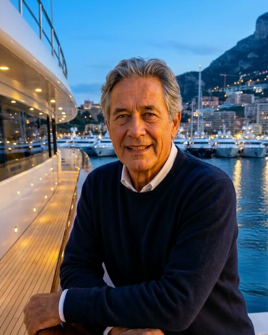William Harrison on a harbour deck at dusk, yachts behind him